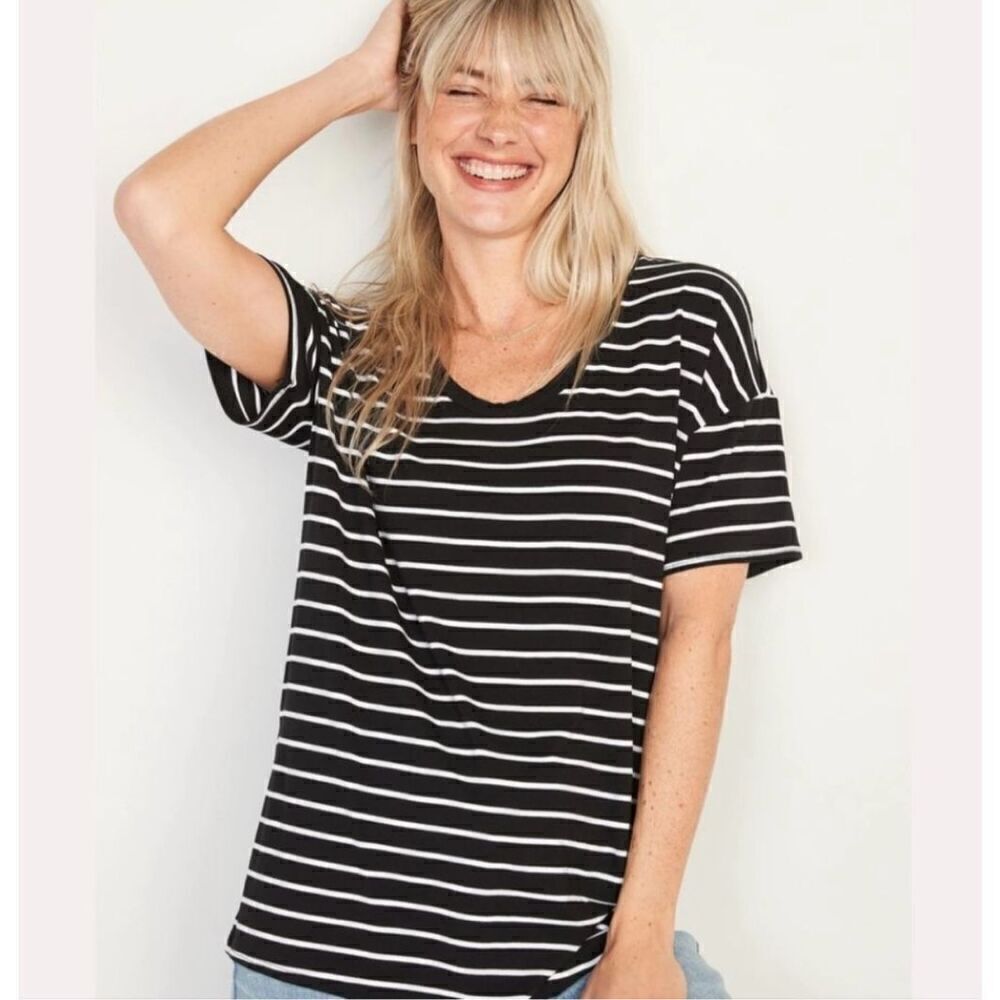 Womens Old Navy Luxe Black Striped Scoop Neck Tee Shirt - Sz M Tall